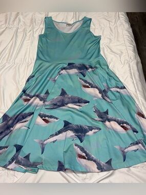 COWCOW Shark Print Tank Top Fit and Flare Skater Dress Blue XL